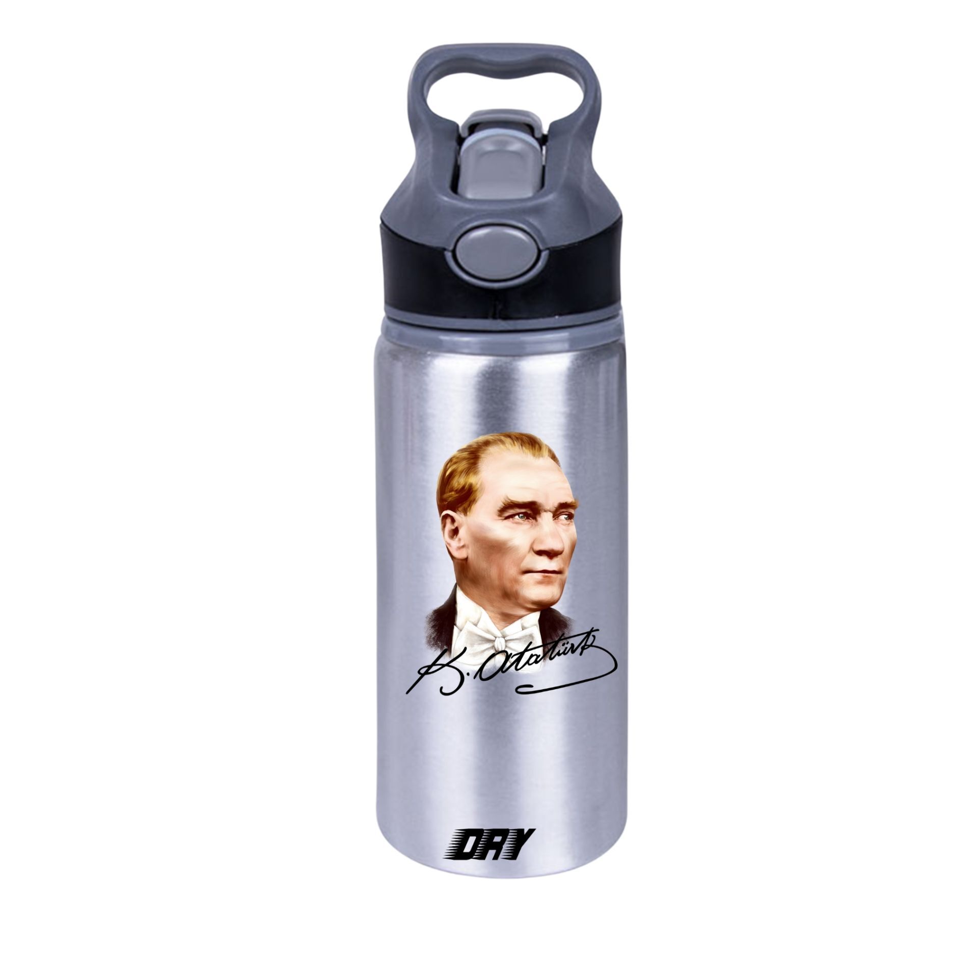 Renkli Mustafa Kemal Atatürk ve İmzası Baskılı Gümüş 650 ml Matara